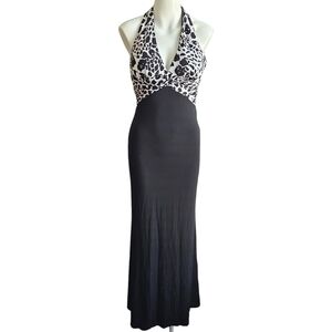 ZUM ZUM Black White Animal Print Gown Sz 3/4 Halter Open Back Dark Romantic
